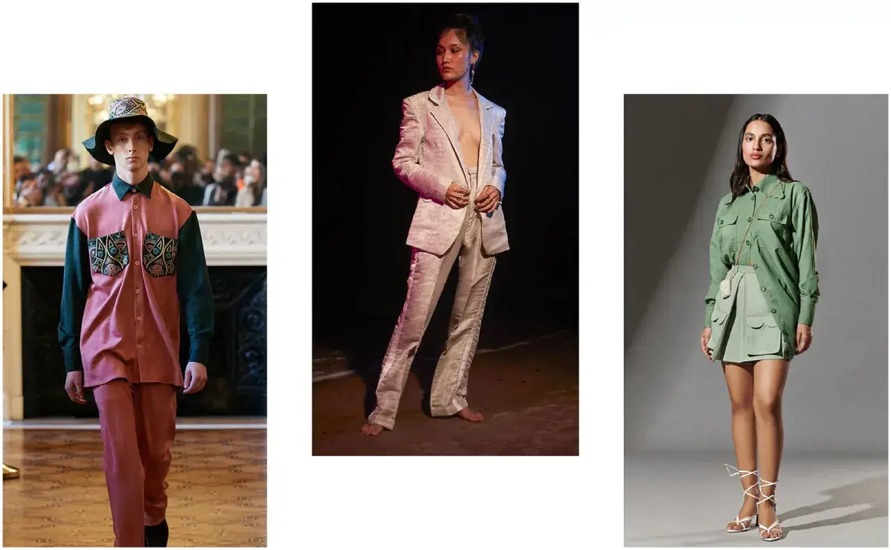 Modelli con look androgino: uno indossa un completo rosa e verde con cappello, un altro un completo scintillante, e una modella sfoggia un outfit verde militare.