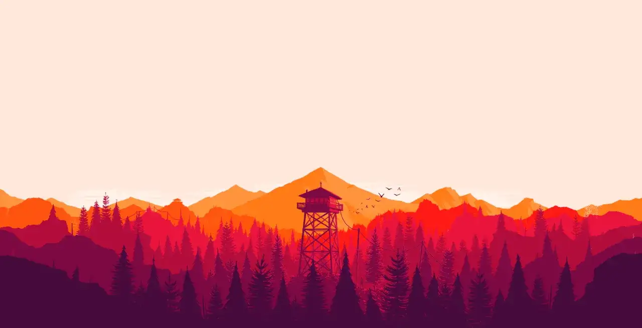 Paysage stylis&eacute; avec une tour de guet et des montagnes, &eacute;voquant un effet de parallaxe CSS. Des oiseaux volent dans le ciel clair.