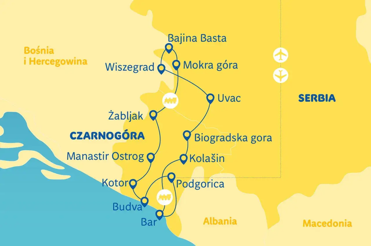Mapa pokazuje trasę podróży przez Czarnogórę, z zaznaczonymi miastami jak Kotor, Budva, Podgorica, Żabljak, oraz sąsiednie kraje: Bośnia i Hercegowina, Serbia, Albania.