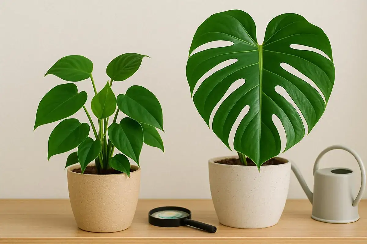 Zwei Zimmerpflanzen: links ein Philodendron mit herzf&ouml;rmigen Bl&auml;ttern, rechts eine Monstera mit geschlitztem Blatt. Der Philodendron Monstera Unterschied wird hier deutlich.