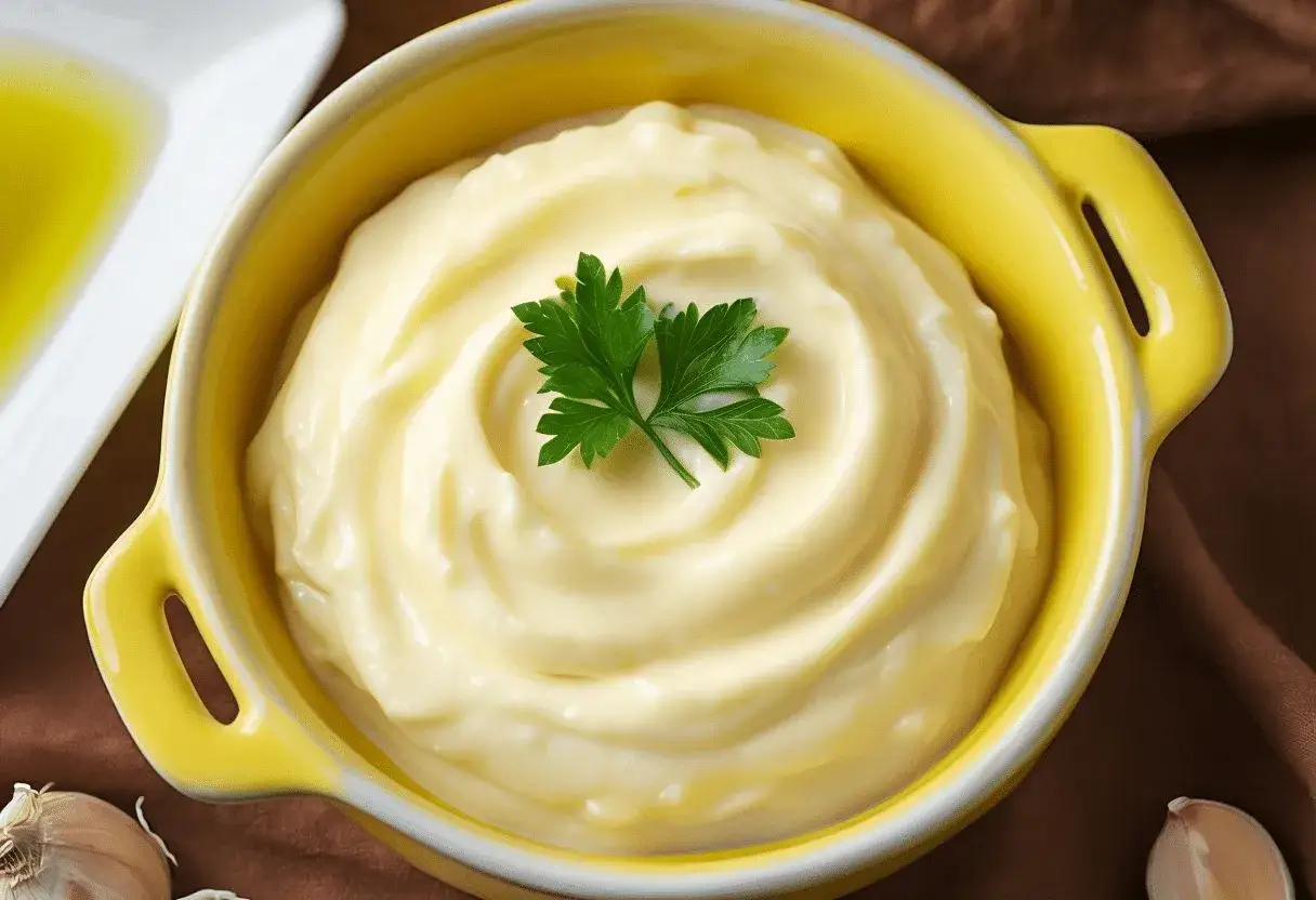 Alioli cremoso en un cuenco amarillo, decorado con perejil. ¡Se puede congelar el alioli para conservarlo!