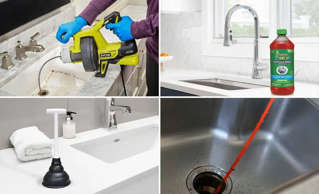Fyra bilder visar olika s&auml;tt att &aring;tg&auml;rda stopp i vasken: en avloppsrensare, en flaska med avloppsrens, en sugpropp och en flexibel rensare.