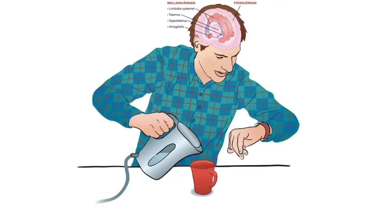 Illustration av en man som häller vatten i en mugg, med en hjärna ovanför som visar stressymtom.