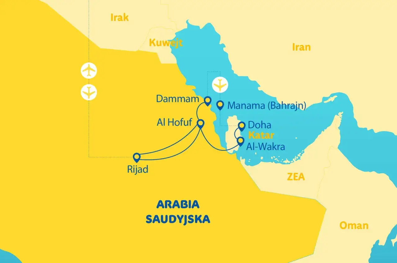 Mapa pokazuje, gdzie leży Bahrajn, między Katarem a Arabią Saudyjską, blisko Iranu i Kuwejtu.