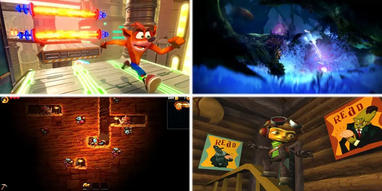 Crash Bandicoot, Ori, a mining game, and Raz z Psychonauts - cztery świetne gry platformowe Xbox.