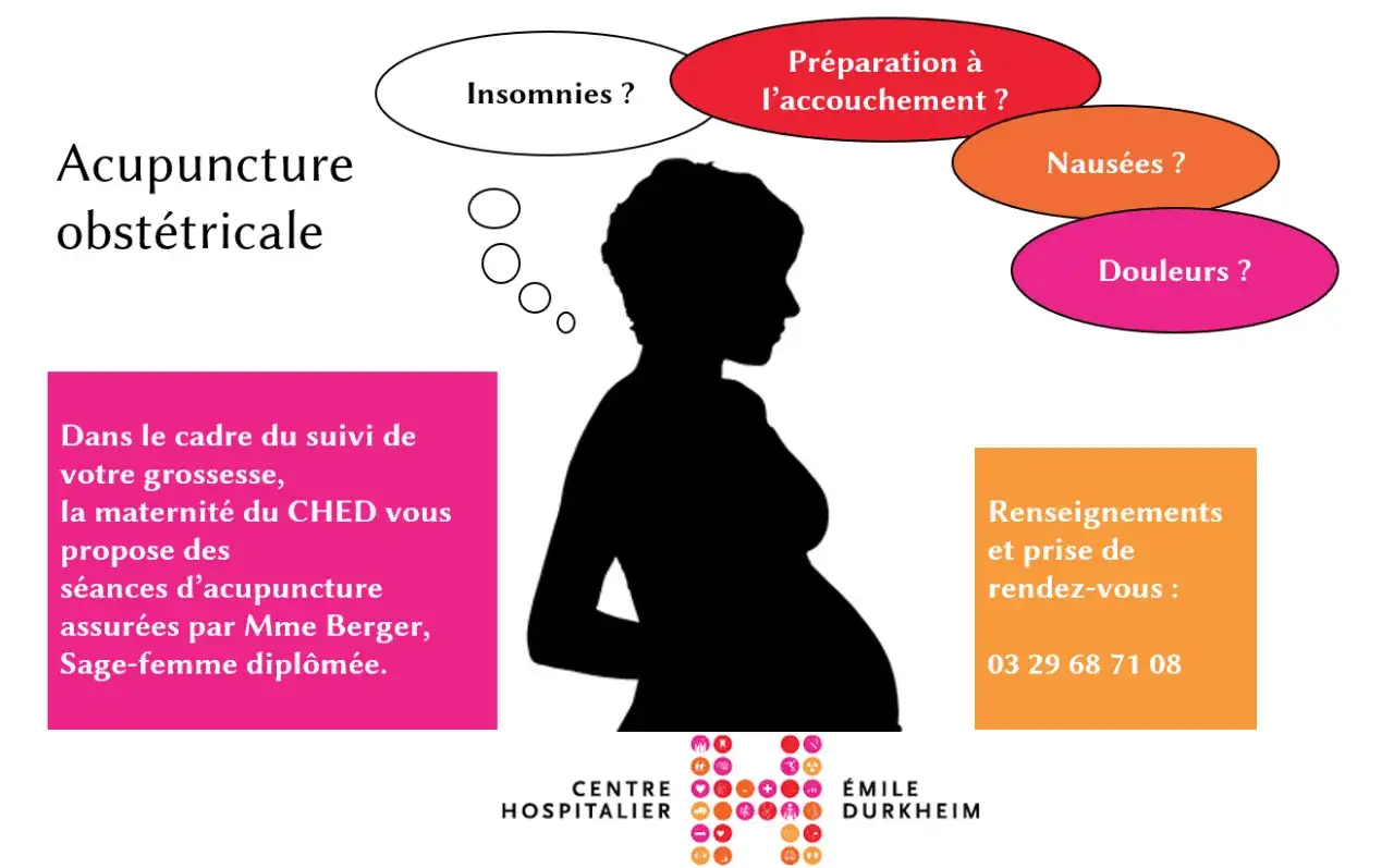 Acupuncture obstétricale pour soulager insomnies, nausées, douleurs et préparer l'accouchement. Renseignements au 03 29 68 71 08.