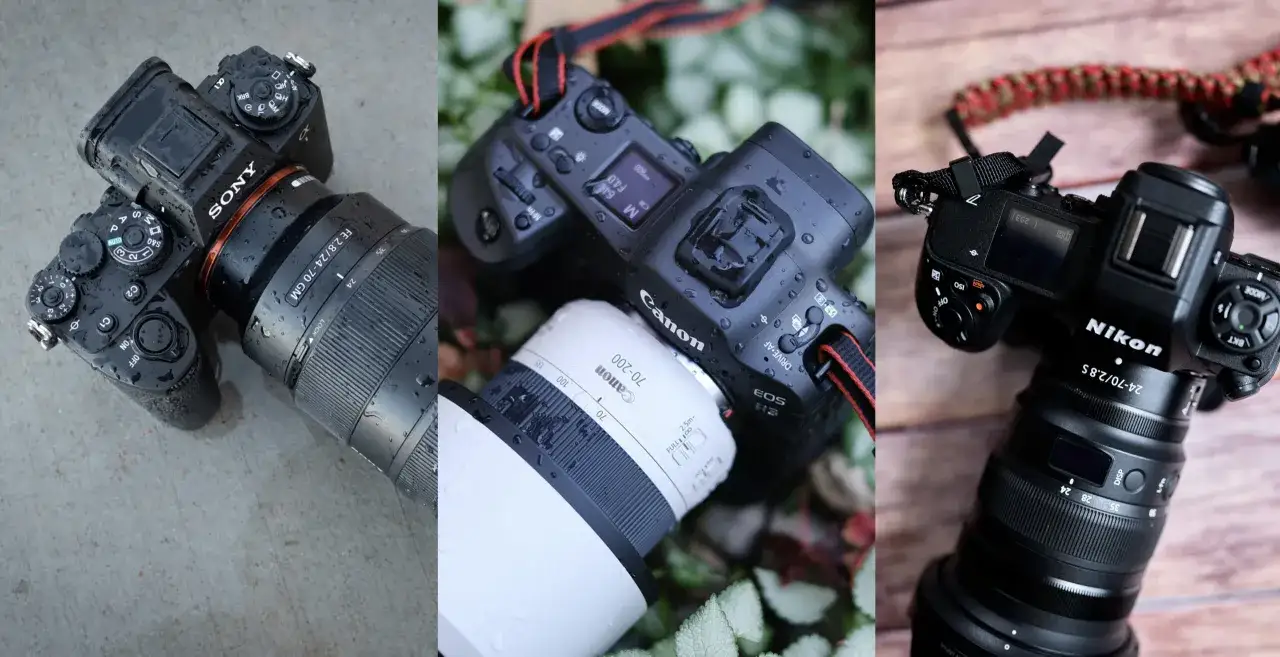 Sony, Canon, Nikon: tre grandi marche di macchine fotografiche, bagnate dalla pioggia, pronte a catturare ogni istante.