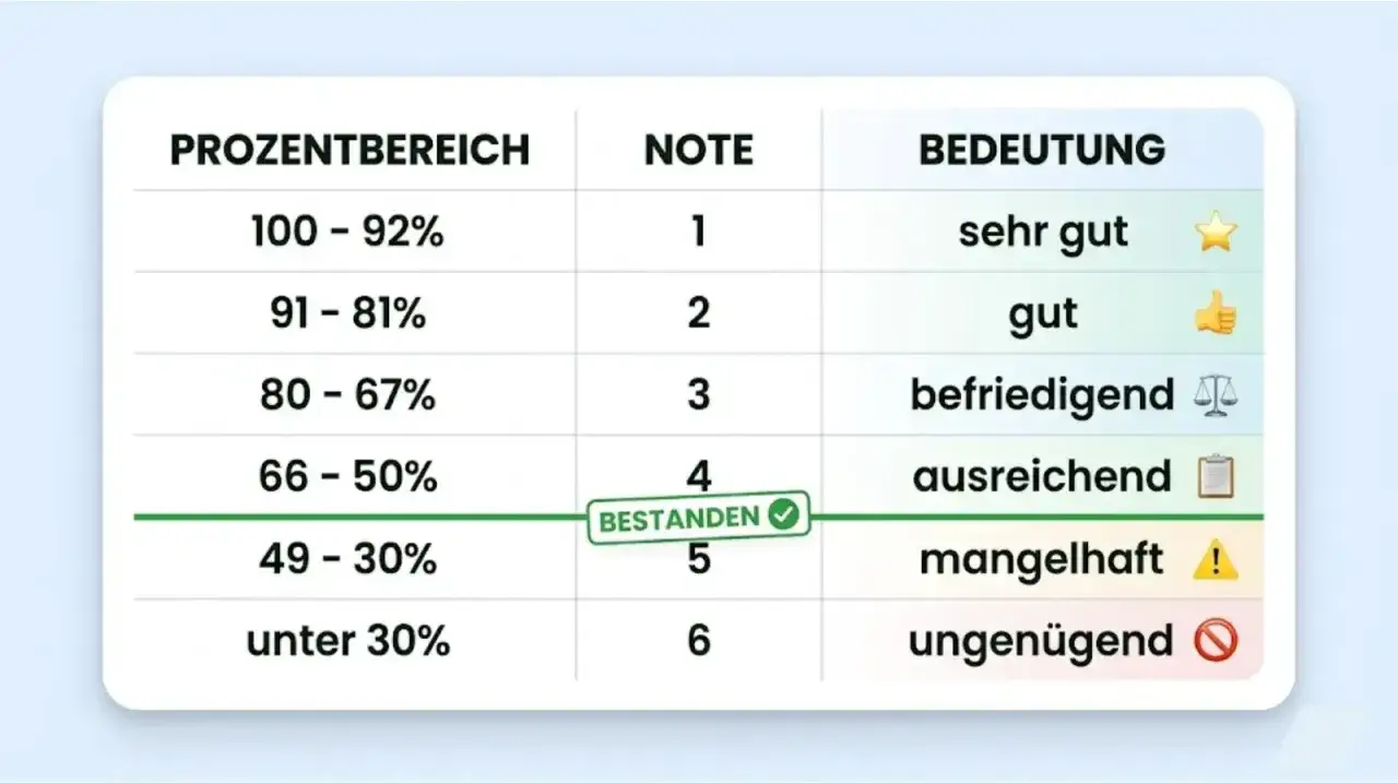 Tabelle zeigt Noten in Prozent: 1 (sehr gut) für 92-100%, 2 (gut) für 81-91%, 3 (befriedigend) für 67-80%, 4 (ausreichend) für 50-66%.
