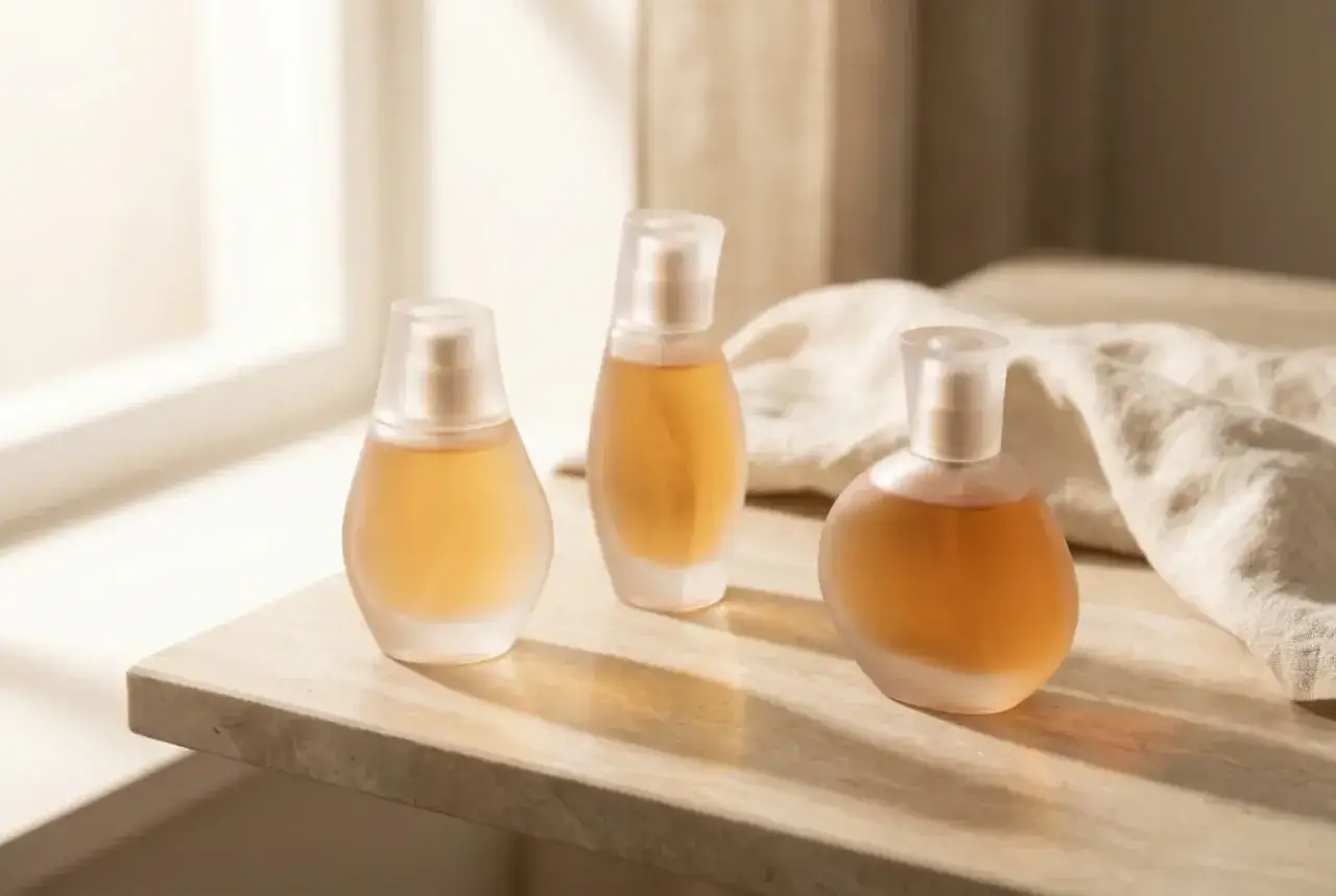 Trzy buteleczki perfum o bursztynowym kolorze, każda warta jeden milion.