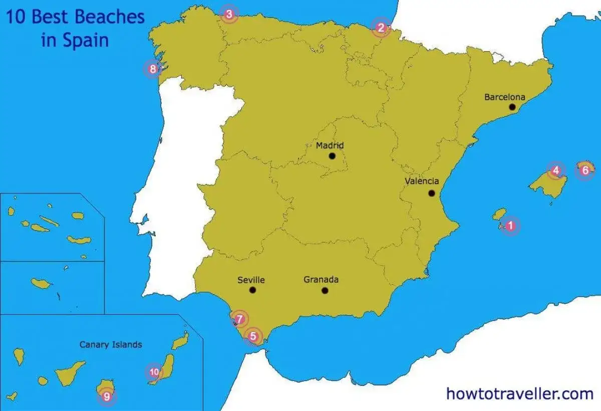 Mapa Hiszpanii z zaznaczonymi 10 najlepszymi plażami. Idealne miejsca na wakacje w Hiszpanii, od wybrzeża po Wyspy Kanaryjskie.