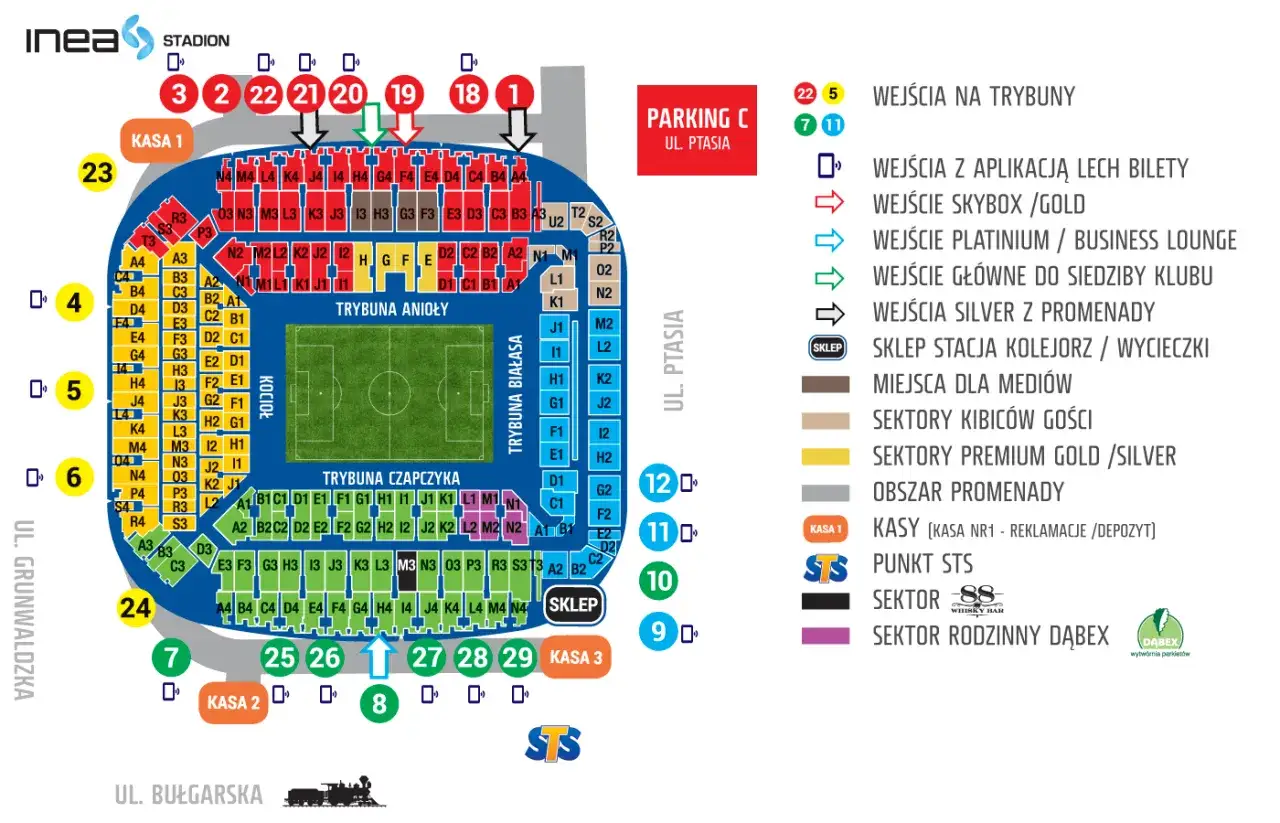 Plan stadionu Lecha Poznań: wejścia, kasy, parking, sektory i miejsca.