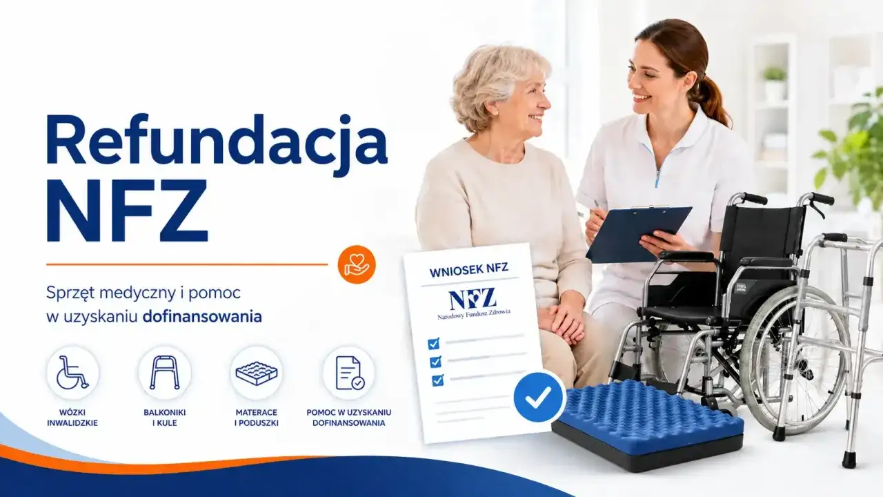 Pomoc w uzyskaniu dofinansowania na sprzęt medyczny dzięki refundacji NFZ. Wniosek NFZ ułatwia zakup w&oacute;zk&oacute;w, balkonik&oacute;w i materacy.