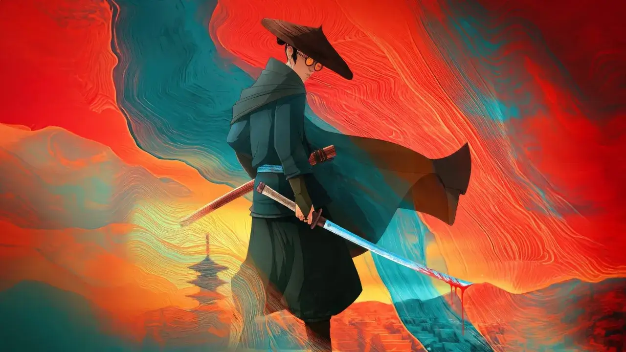 Un samurai con occhio blu, spada insanguinata e cappello conico, in piedi su uno sfondo vibrante di rosso e blu.