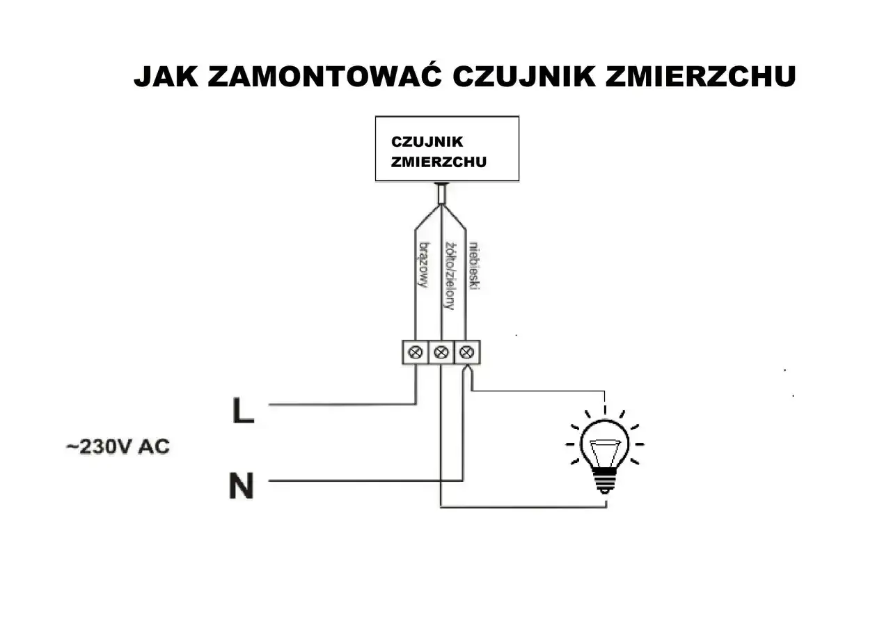 Schemat pokazuje, jak działa czujnik zmierzchu: brązowy przewód do fazy, niebieski do neutralnego, a żółto-zielony do lampy.