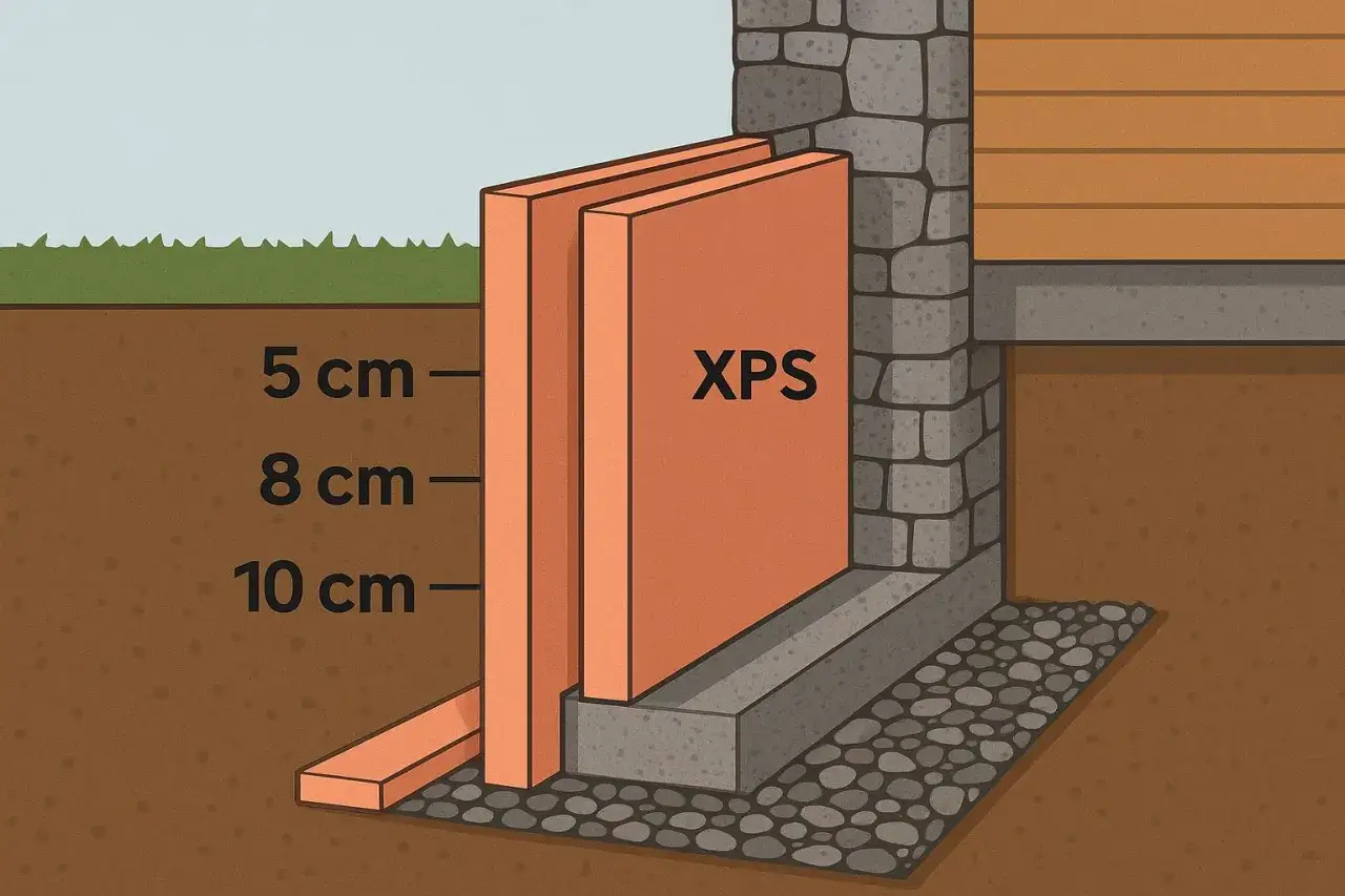 Ilustracja pokazuje, ile styroduru na fundament. Widoczne są płyty XPS o grubości 5, 8 i 10 cm, izolujące ścianę fundamentową.