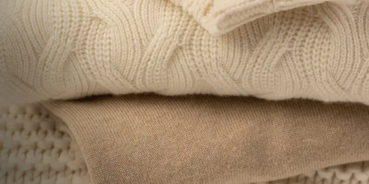 Texturas suaves de prendas de punto, una de ellas con trenzas, que te hacen preguntar: ¿qué es el cashmere?
