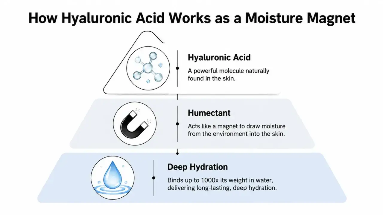 Niedermolekulare Hyalurons&auml;ure Serum: erkl&auml;rt, wie Hyalurons&auml;ure als Feuchtigkeitsmagnet wirkt, Feuchtigkeit anzieht und tiefe Hydration liefert.