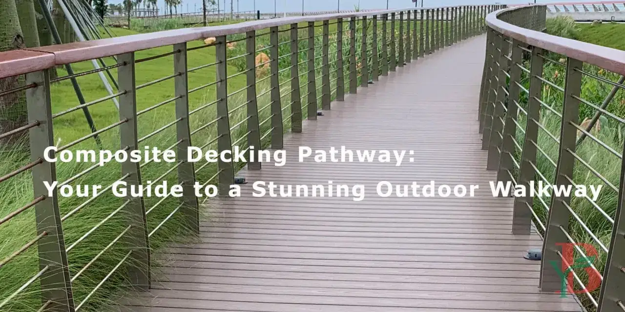 A curved walkway made of synthetic lumber, featuring a modern metal railing and lush green surroundings.