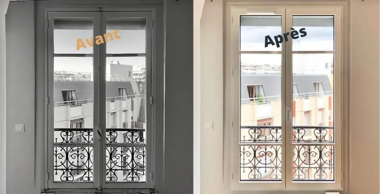 Fenêtre avant/après : l'ancienne pose en feuillure a été remplacée par une nouvelle, offrant une vue plus claire sur les immeubles.