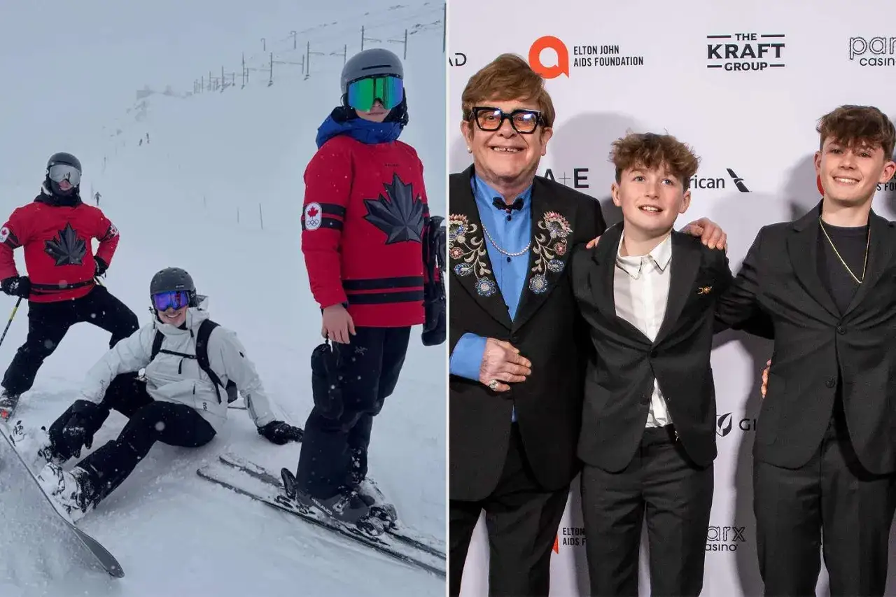 Elton John med sina barn p&aring; skidsemester och vid ett event.