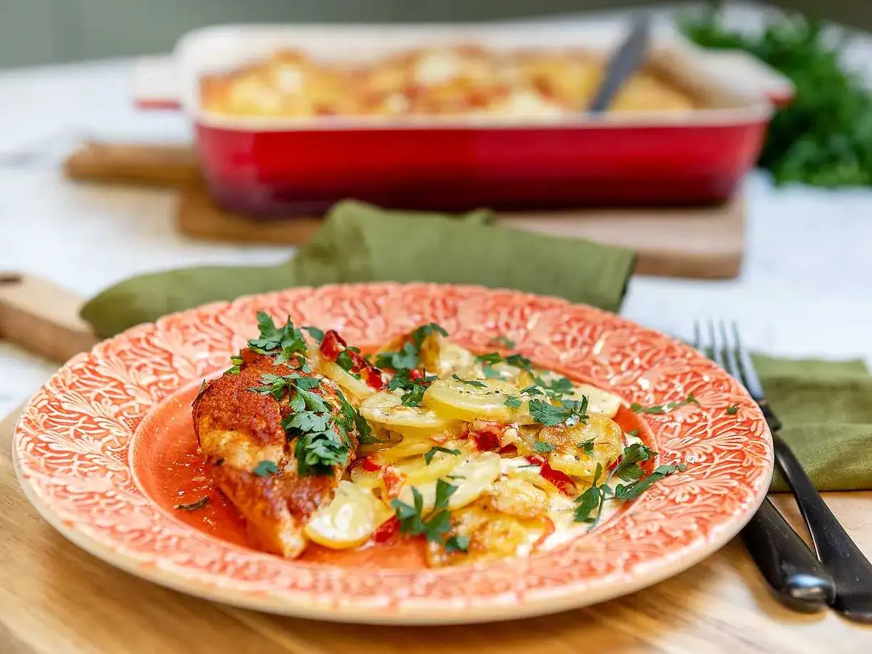 En tallrik med saftig kycklingl&aring;rfil&eacute; t&auml;ckt av en r&ouml;d s&aring;s och garnerad med persilja, bredvid en grat&auml;ng med potatis och paprika. Det h&auml;r &auml;r ett av de godaste recepten p&aring; kycklingl&aring;rfil&eacute;!