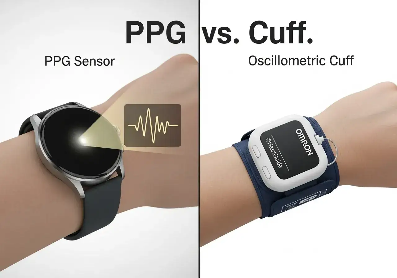Porównanie PPG z tradycyjnym mankietem. Czy Apple Watch mierzy ciśnienie? Lewa strona pokazuje czujnik PPG, prawa mankiet Omron.