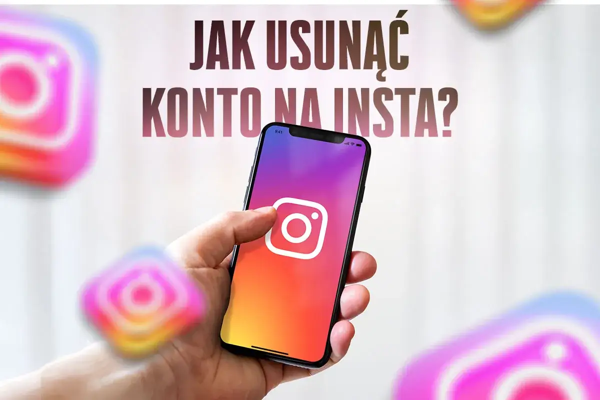 Chcesz wiedzieć, jak usunąć konto na Insta? Na ekranie telefonu widać ikonę Instagrama, a wokół unoszą się tęczowe loga.