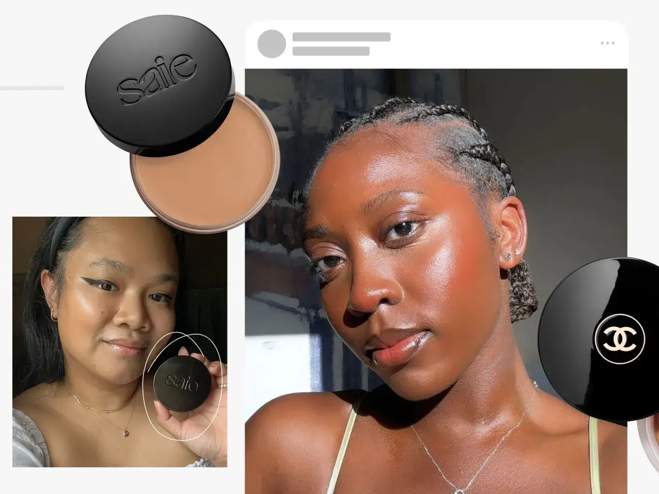 En kvinna med flätor visar upp sin glödande hud, med en burk Saie bronzer och en Chanel-produkt i bild.