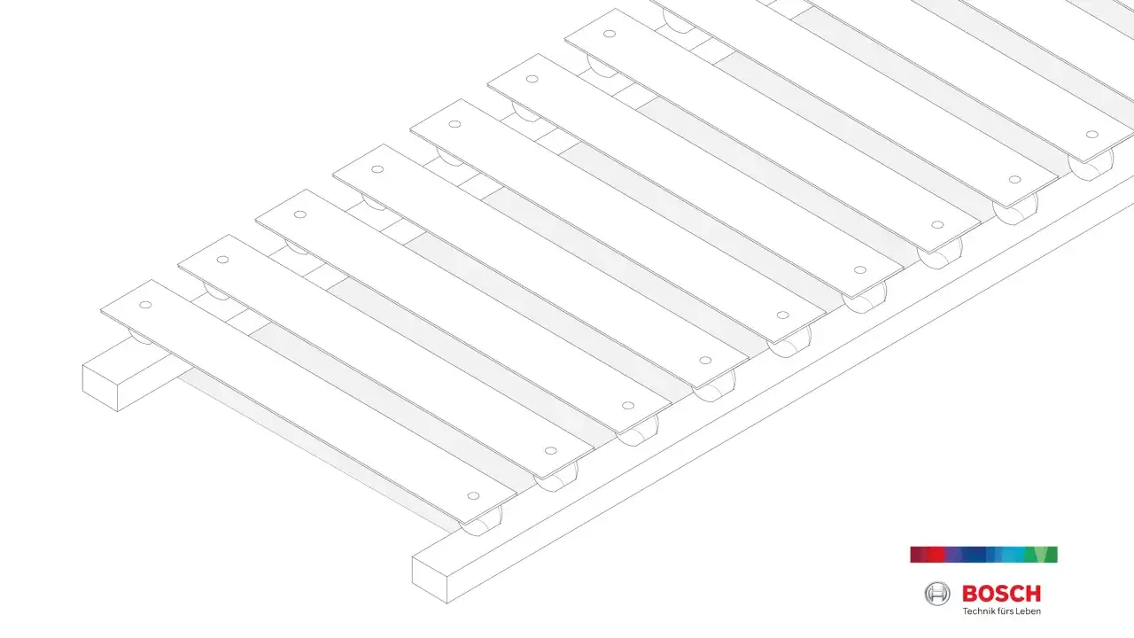 Eine schematische Darstellung zeigt, wie man einen Lattenrost selber bauen kann. Holzlatten werden auf zwei L&auml;ngstr&auml;ger geschraubt.