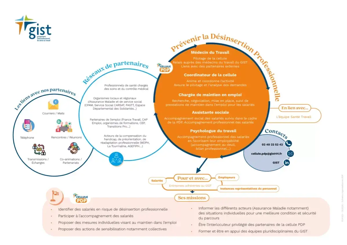 Sch&eacute;ma organisationnel du GIST : pr&eacute;vention de la d&eacute;sinsertion professionnelle, ses missions, ses partenaires et ses contacts.