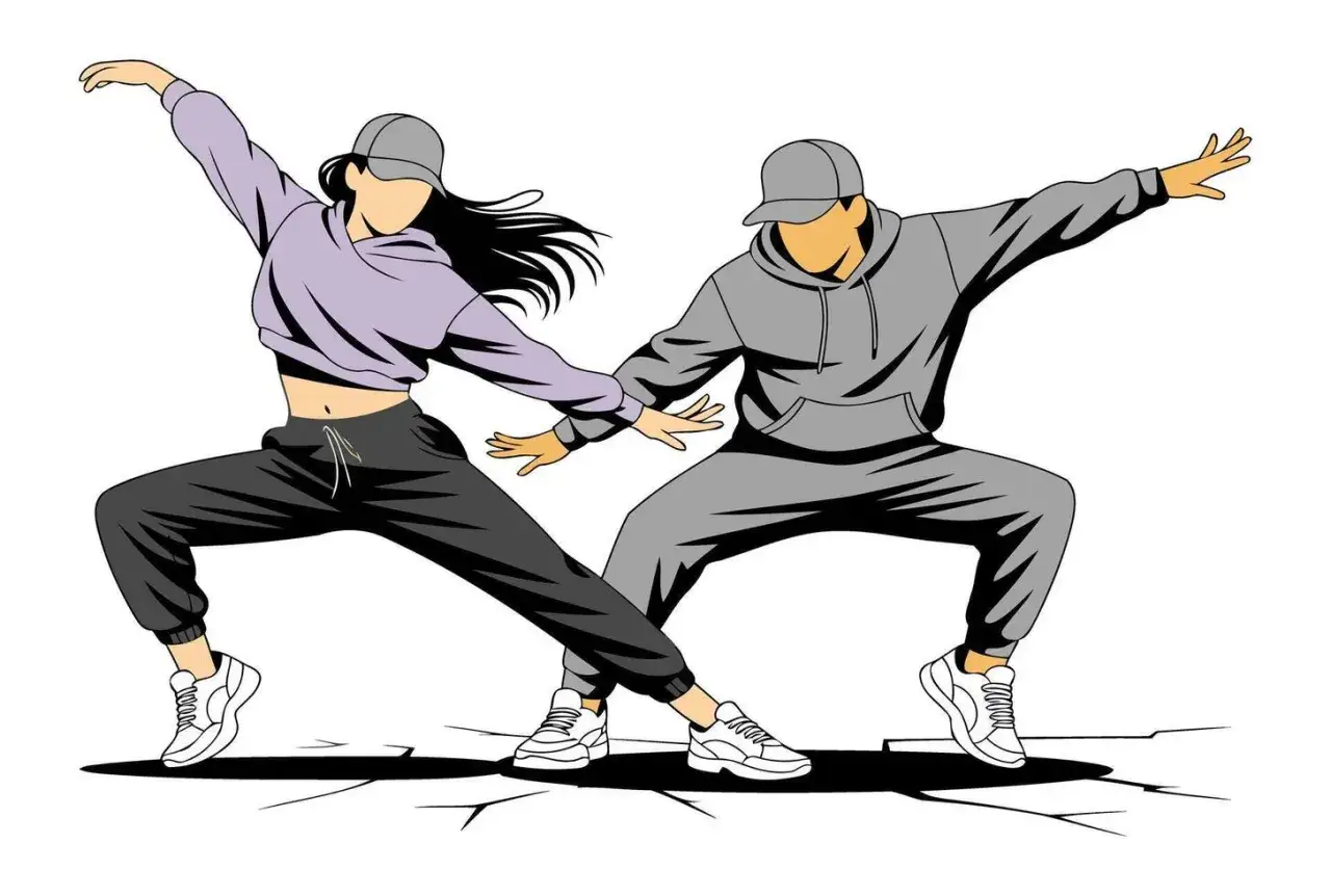 Dynamic illustration of two dancers in stylish streetwear, capturing the essence of hip hop culture art.