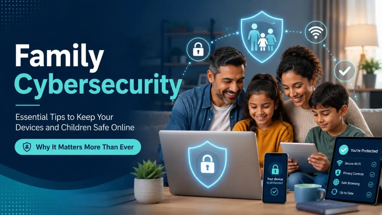 Famille souriante devant un ordinateur, illustrant la cybersécurité et le **contrôle parental ordinateur**. Icônes de sécurité et de protection en ligne.