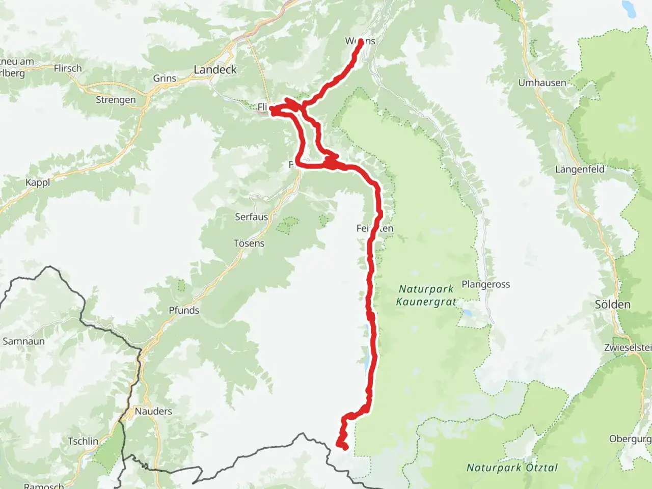 Trasa rowerowa przez dolinę, od Landeck przez Feichten i Naturpark Kaunergrat, aż do okolic Obergurgl. Via Claudia Augusta.