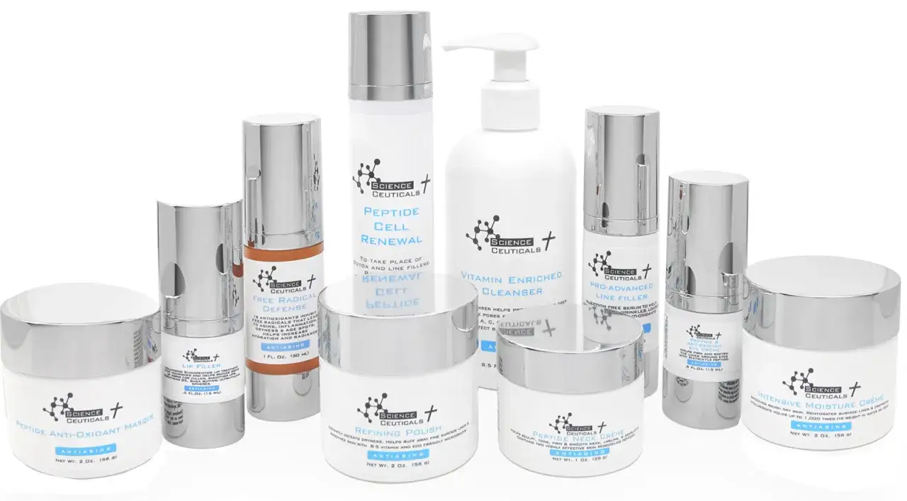 Zestaw kosmetyków Science Ceuticals, w tym kremy i serum z peptydami, do pielęgnacji przeciwstarzeniowej.