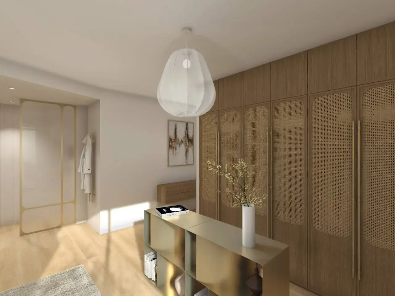 Chambre lumineuse avec armoire en rotin et bois, un meuble doré, et une touche de design régénératif dans les matériaux naturels.