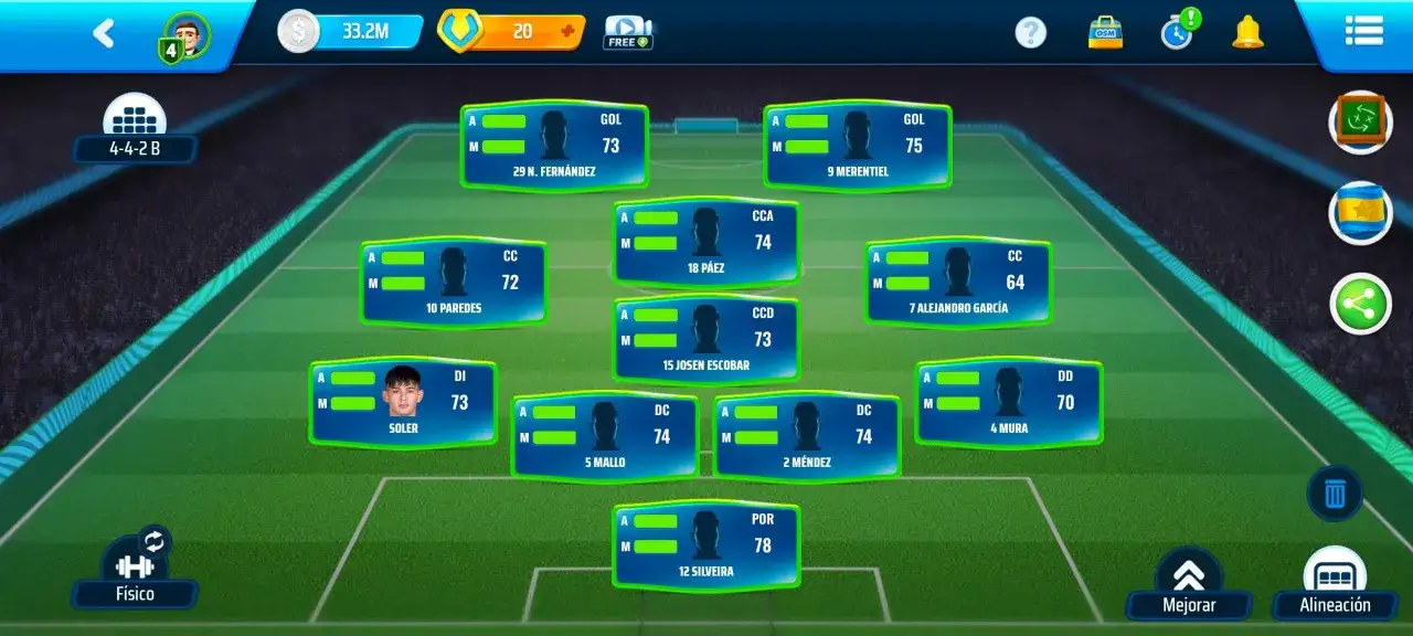 Taktyka 4-4-2 B na boisku. Gracze ustawieni w formacji, z widocznymi nazwiskami i ocenami.