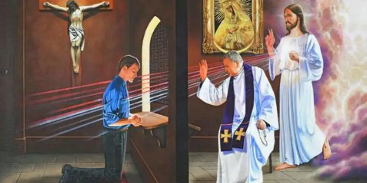 Chłopiec klęczy w konfesjonale, a kapłan udziela mu rozgrzeszenia. Nad nimi w chmurach ukazuje się Jezus, symbolizując doskonały żal i przebaczenie.