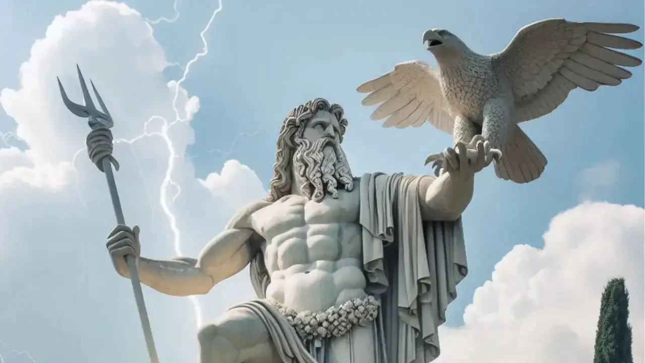 Statue de Zeus, roi des dieux, tenant un trident et un aigle majestueux, sous un ciel orageux.