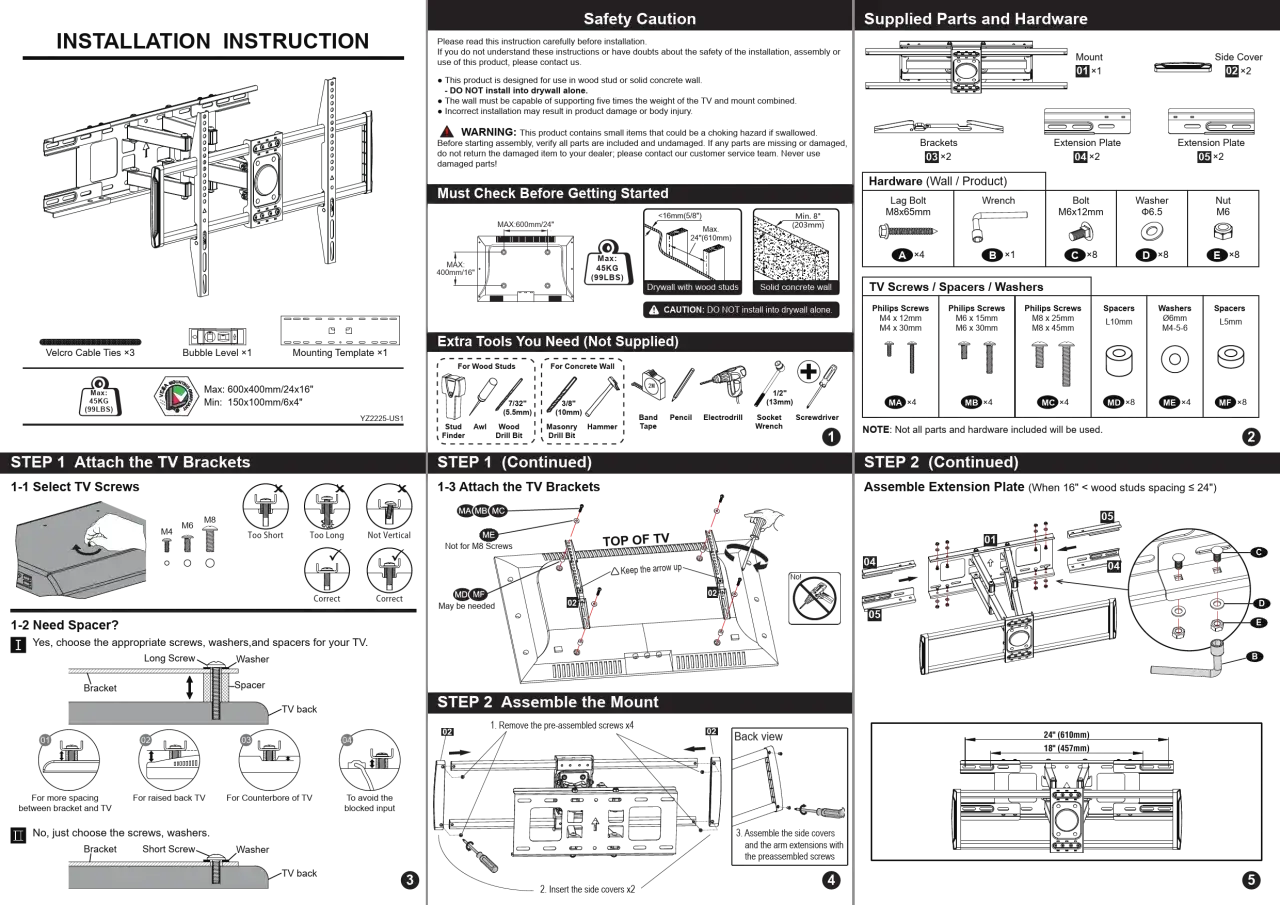 Diagram showing how to attach TV brackets to a TV for mounting. Includes screw size guides and spacer options.