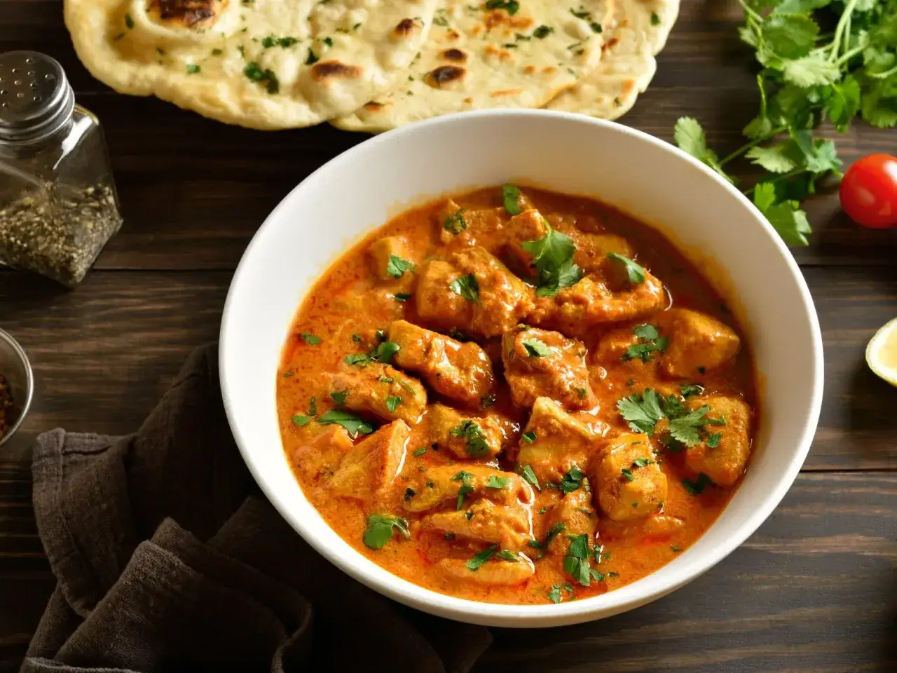 Pyszny kurczak garam masala przepis. Aromatyczne kawałki kurczaka w kremowym sosie, podane z chlebkiem naan i świeżą kolendrą.