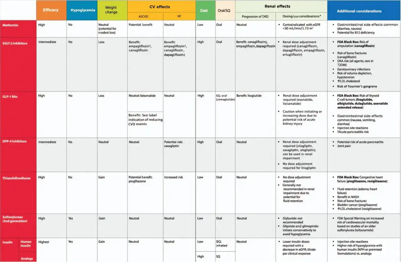 Tabela por&oacute;wnująca leki na cukrzycę: Metformina, inhibitory SGLT-2, GLP-1 RAs, DPP-4, tiazolidynediony, sulfonylomoczniki, insulina.