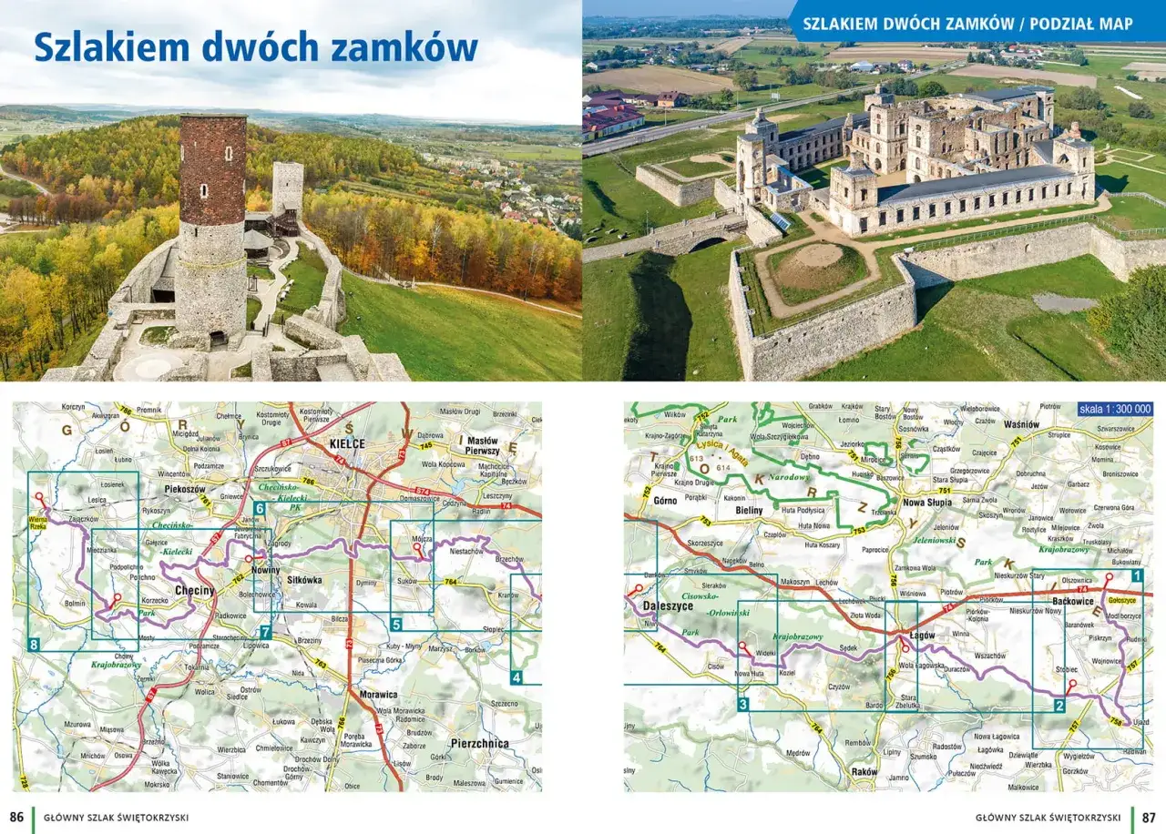 Szlak świętokrzyski: ruiny zamku w Chęcinach i pałac w Kurozwękach na mapie regionu.