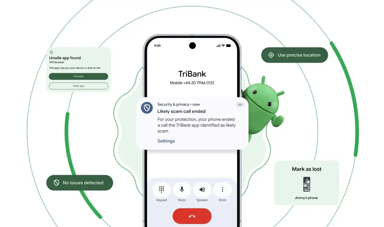 Le t&eacute;l&eacute;phone affiche une alerte de s&eacute;curit&eacute; : appel suspect termin&eacute;. Une mise &agrave; jour du t&eacute;l&eacute;phone prot&egrave;ge contre les applications dangereuses et les arnaques.