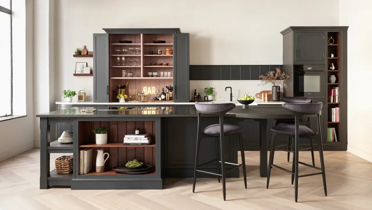 Elegantes cocinas negras con barra de desayuno, taburetes de terciopelo y un rinc&oacute;n de bar iluminado.