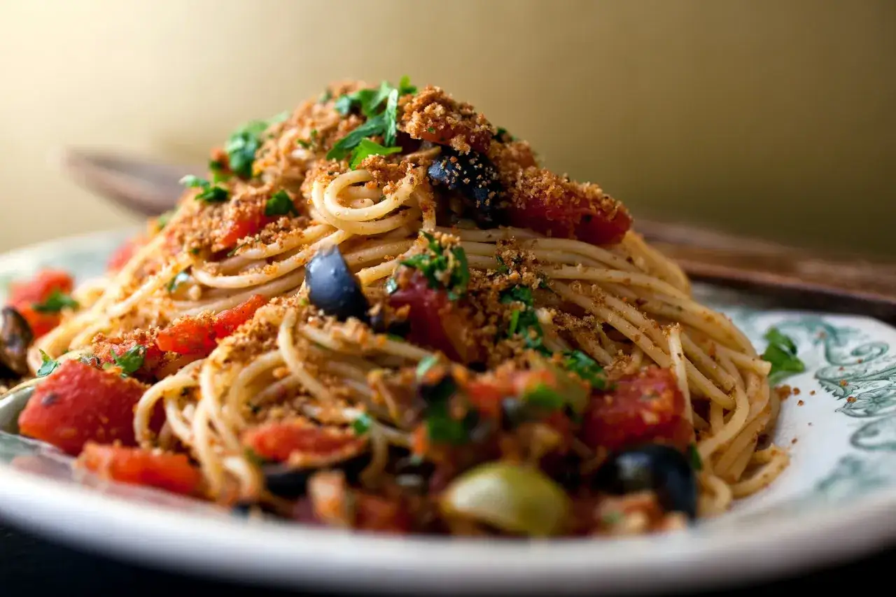 En portion pasta puttanesca med tomater, oliver och ströbröd, toppad med persilja.