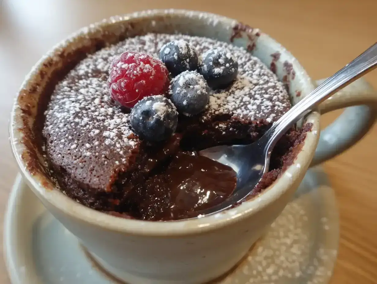 En härlig kladdkaka i mugg, toppad med bär och pudersocker. En sked är redo att dyka ner i den smältande chokladen.