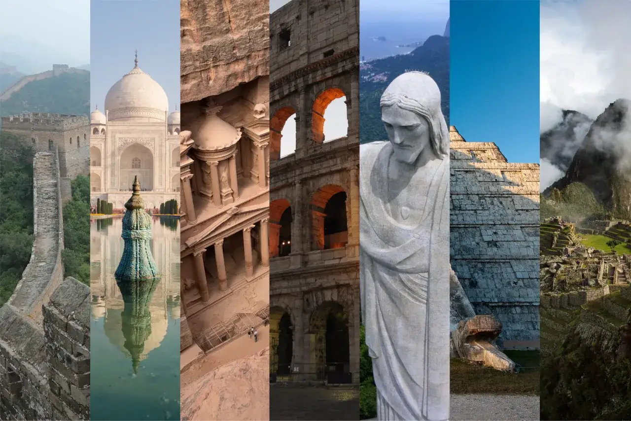 En mosaik av jordens 7 underverk: Kinesiska muren, Taj Mahal, Petra, Colosseum, Kristusstatyn, Chichen Itza och Machu Picchu.