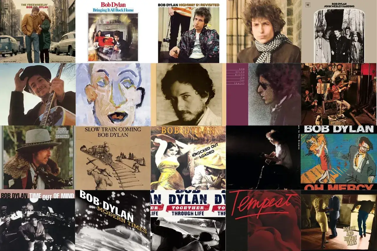 Collage d'albums de Bob Dylan, montrant des pochettes iconiques comme 