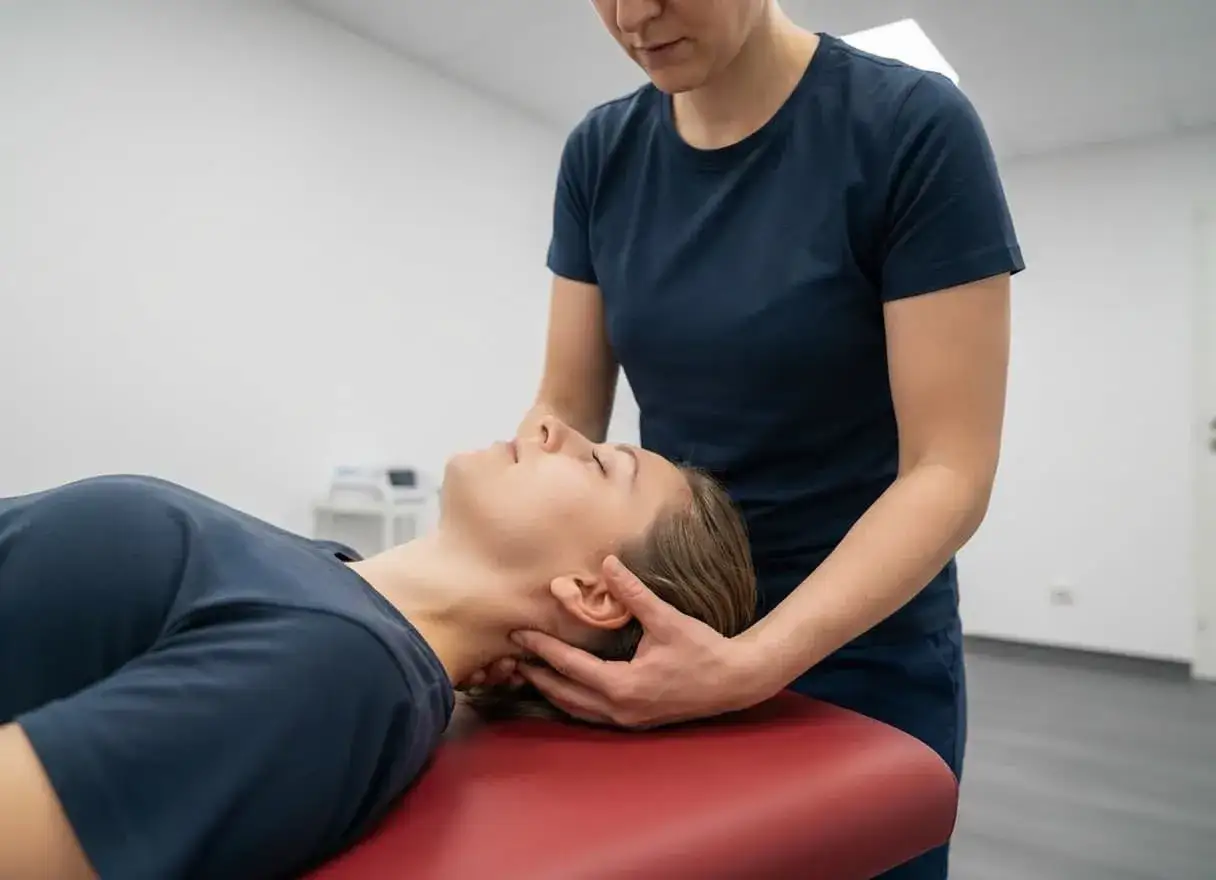 Therapeutin führt mt manuelle therapie am Nacken einer liegenden Patientin durch.