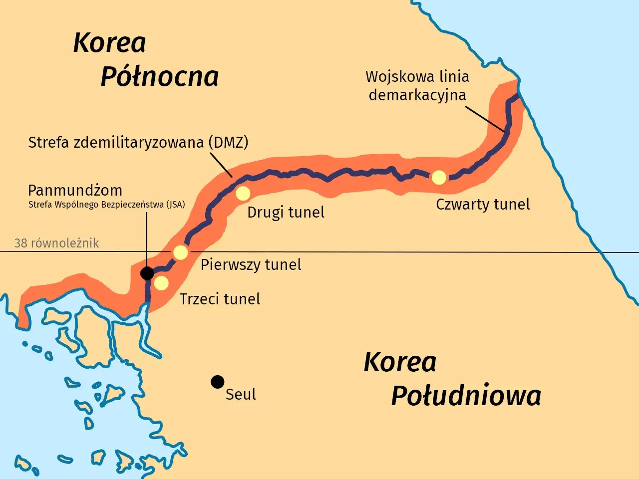 Mapa strefy zdemilitaryzowanej między Koreą Północną a Południową. Czy w Korei Południowej jest bezpiecznie? Tak, mimo bliskości DMZ.